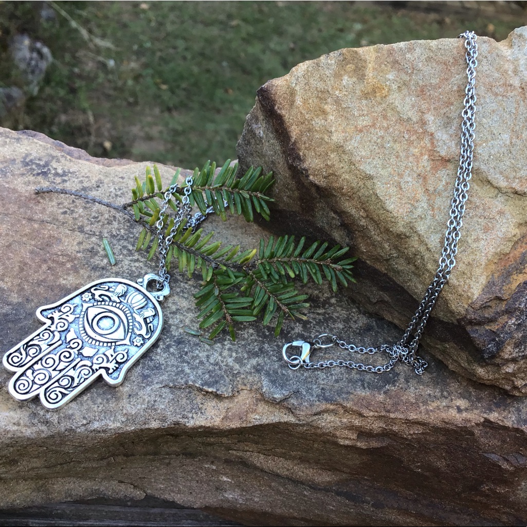 Silver Hamsa Evil Eye Necklace Stainless Steel Handmade Tribal Boho Bohemian